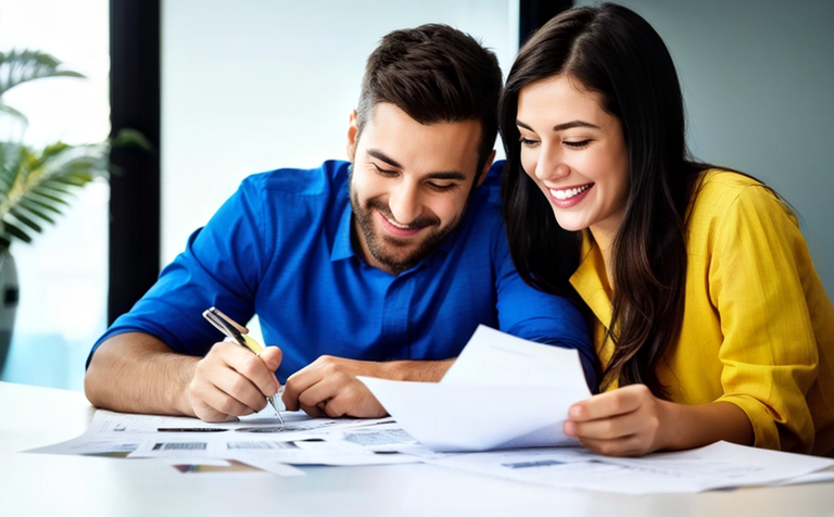 a-family-or-couple-sitting-at-a-table-looking-at-papers-and-financial-documents-with-happy-faces-t