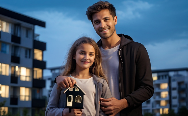 a-young-couple-or-family-with-children-standing-in-front-of-a-new-apartment-block-or-house-they-sho