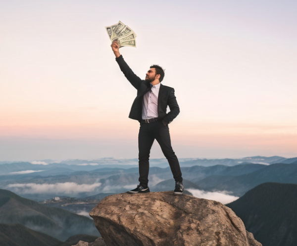 entrepreneur-standing-atop-a-mountain-peak-fist-pumping-into-the-sky-symbolizing-the-successful-im-973468845